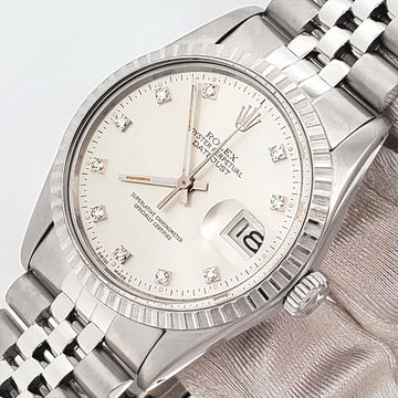 Vintage Rolex Datejust Factory Silver Diamond Dial 36mm Steel Jubilee Watch 16030