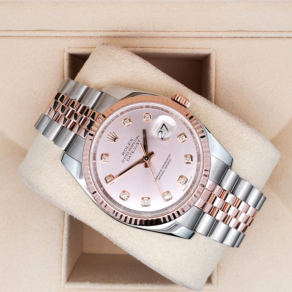 Rolex Datejust 36mm 116231 Factory Pink Diamond Dial 2-Tone Rose Gold Fluted Jubilee Watch