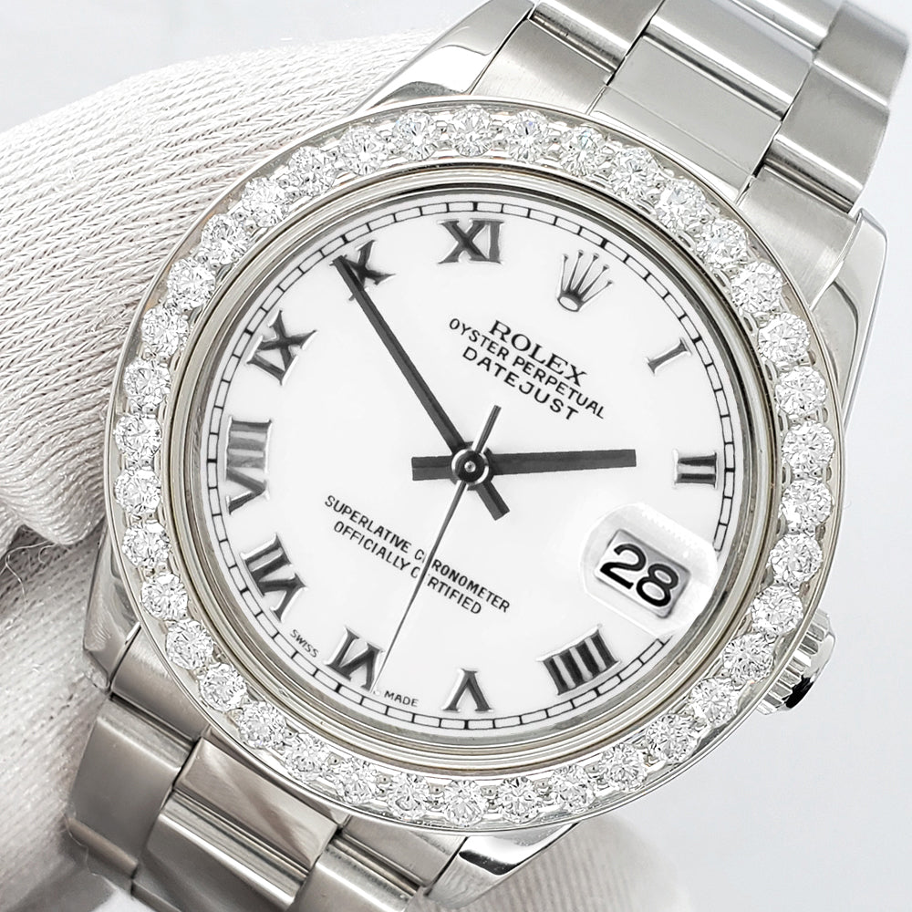 Rolex Datejust Midsize 31mm White Roman Dial 1.62ct Diamond Bezel Steel Watch