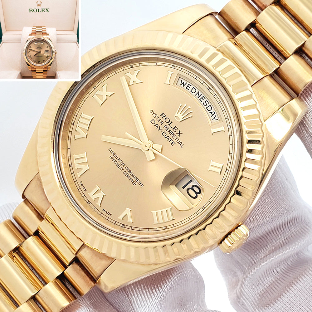 Rolex President Day-Date II 41mm Champagne Roman Yellow Gold Watch 218238