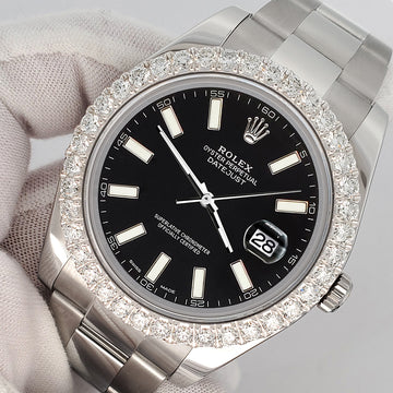 Rolex Datejust II 41mm 3.8ct Diamond Bezel/Black Index Dial Steel Watch 116300 Box Papers