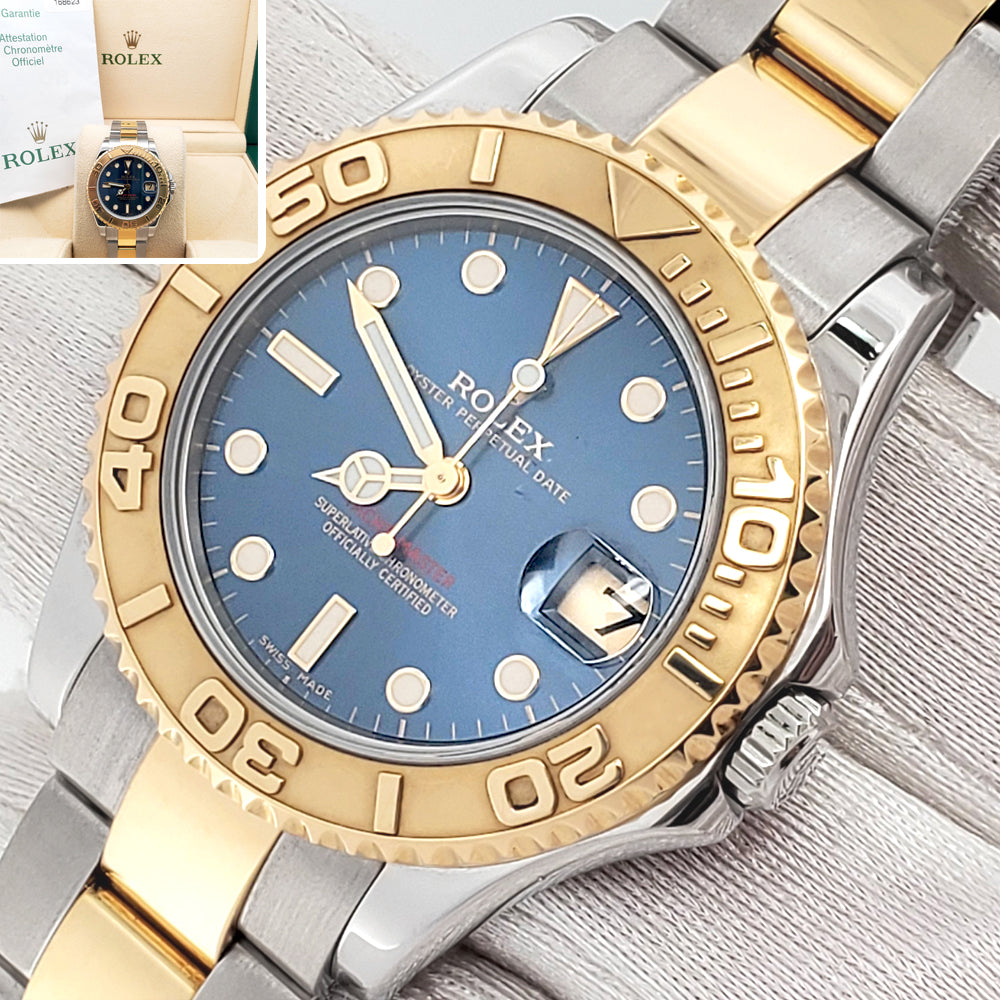 Rolex Yacht-Master Blue Dial Midsize 35mm Yellow Gold/Steel Watch 168623 Box Papers