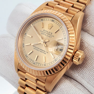 Rolex President 26mm Champagne Index Dial Yellow Gold Fluted Watch 69178 Box Papers