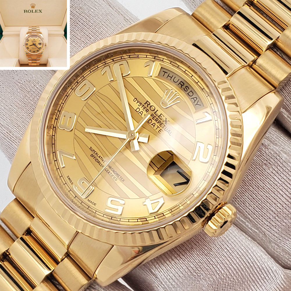 Rolex President Day-Date 36 Champagne Wave Arabic Dial Yellow Gold Watch 118238