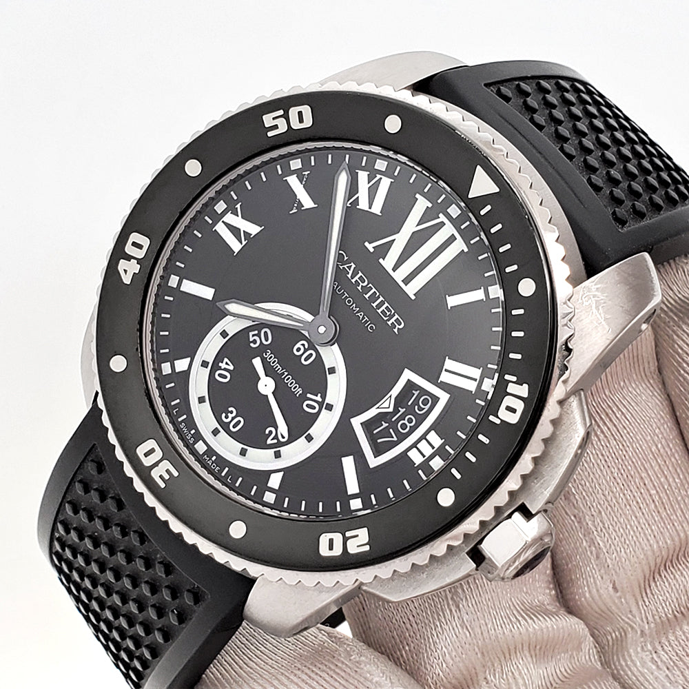 Calibre de Cartier Diver Black Roman Dial 42mm Steel Watch W7100056 3729