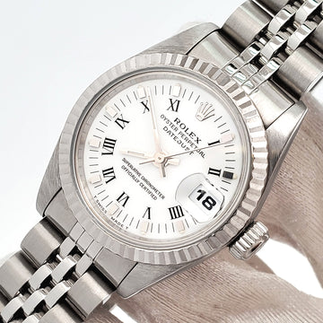 Rolex Datejust Ladies White Roman Dial Gold Fluted Bezel 26mm Steel Jubilee Watch 69174