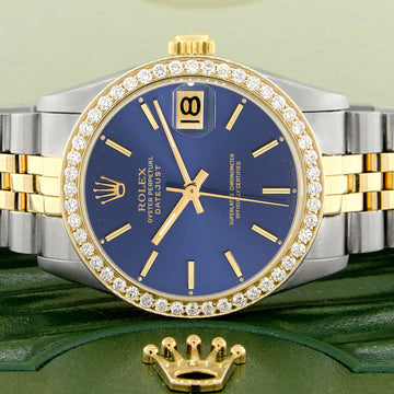 Rolex Datejust 2-tone 31mm 68273 Blue Index Dial Watch With 0.95ct Diamond Bezel
