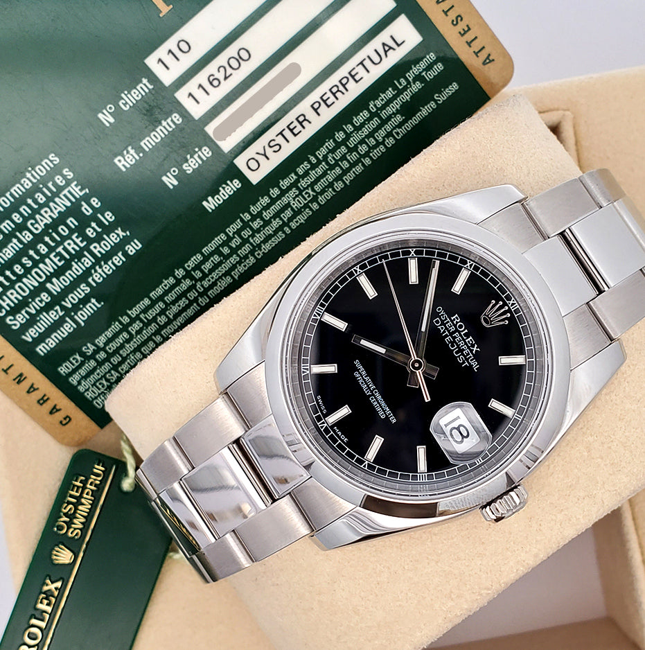 Rolex Datejust Black Index 36mm 116200 Steel Oyster Watch Box Papers