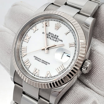 Rolex Datejust 36mm 126234 White Roman Fluted Bezel Steel Oyster Watch 2022 Box Papers