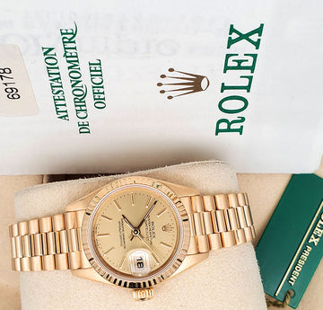 Rolex President Ladies 26mm Champagne Index Yellow Gold Watch 69178 Box Papers