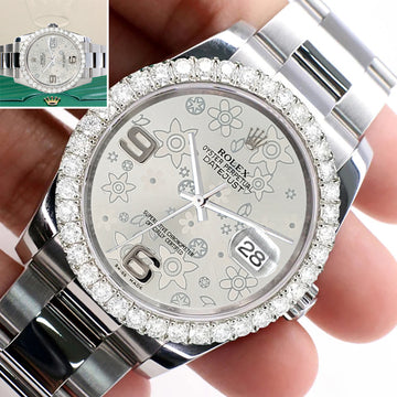 Rolex Datejust 116200 36mm 2.7ct Diamond Bezel/Silver Floral Dial Steel Oyster Watch