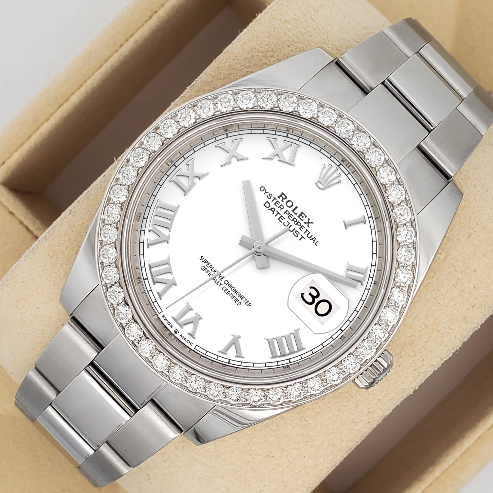 Rolex Datejust 41 126300 White Roman 2.4CT Diamond Bezel Steel Oyster Watch Box Papers