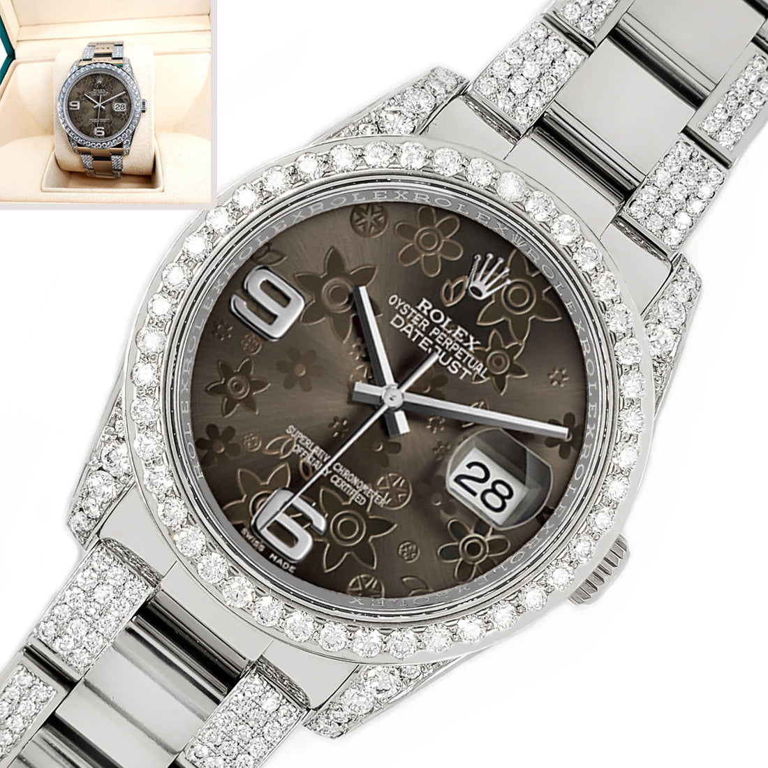 Rolex Datejust 36mm 5.9ct Diamond Bezel/Lugs/Bracelet/Rhodium Floral Dial Steel Watch 116200 Box Papers