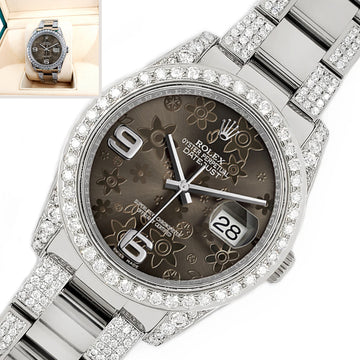 Rolex Datejust 36mm 5.9ct Diamond Bezel/Lugs/Bracelet/Rhodium Floral Dial Steel Watch 116200 Box Papers