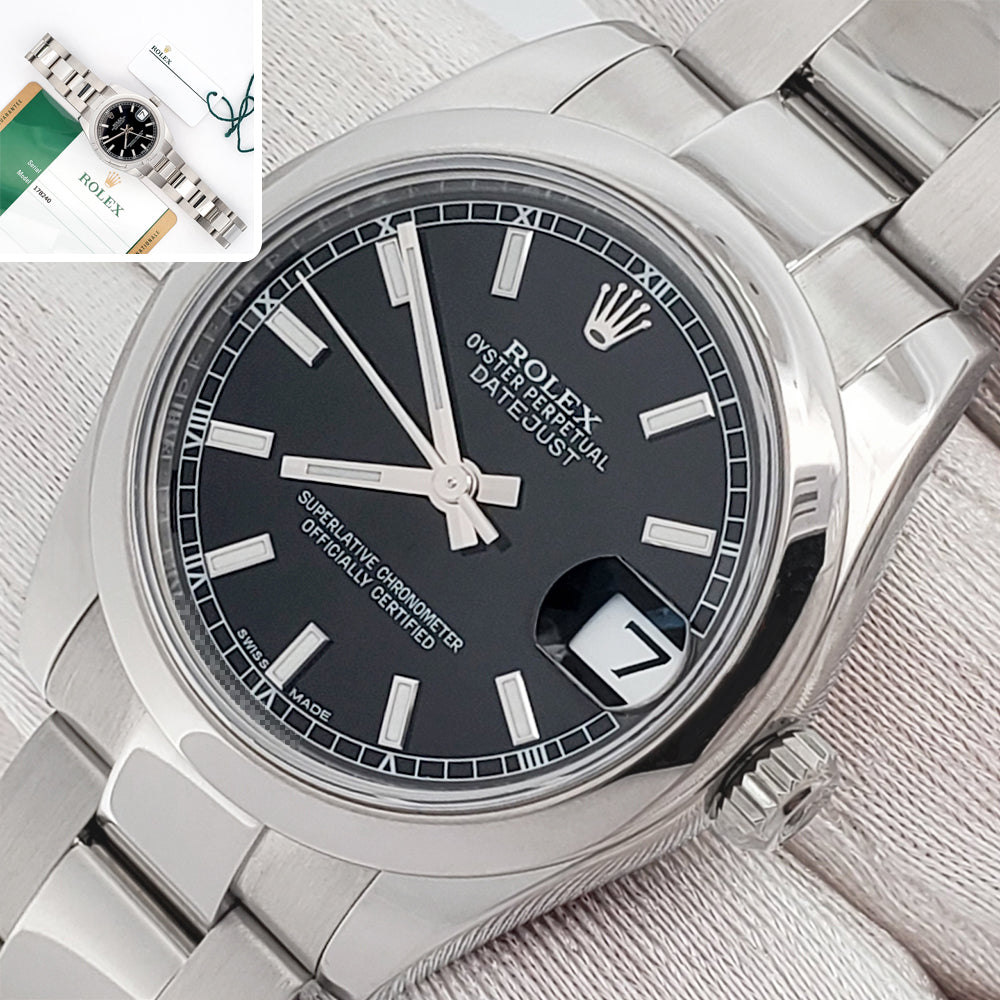 Rolex Datejust Midsize 31mm Black Index Steel Oyster Watch 178240 Papers/Serial Hang Tag