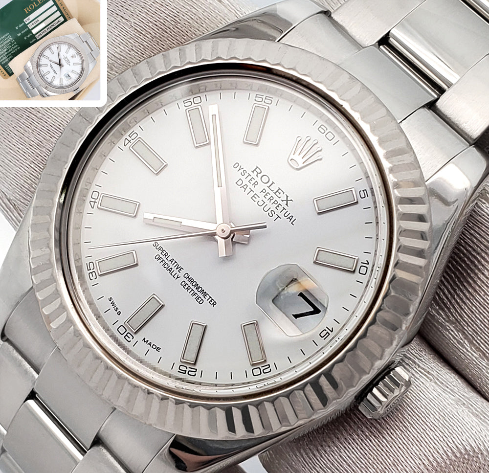 Rolex Datejust II 41mm 116334 White Index White Gold Fluted Bezel Steel Watch Box Papers
