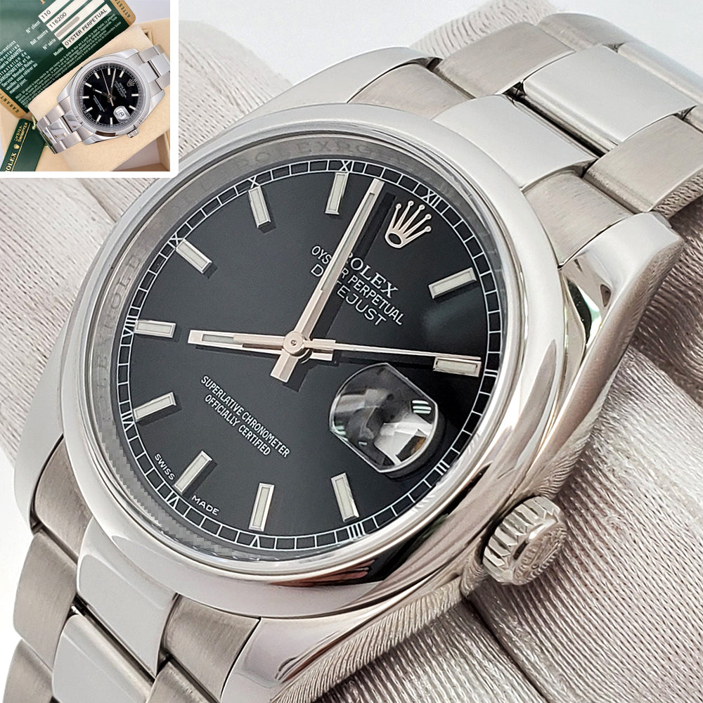 Rolex Datejust Black Index 36mm 116200 Steel Oyster Watch Box Papers