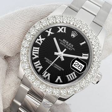 Rolex Datejust 178240 31mm Black Sunbeam Roman Dial 2.25ct Diamond Bezel Steel Watch