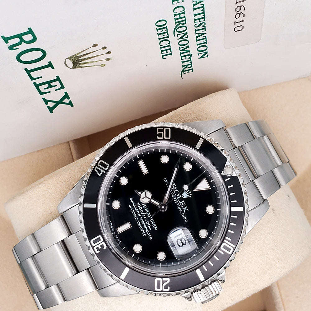 Rolex Submariner Date 40mm Black Dial Steel Oyster Watch 16610 Box Papers