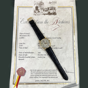 1946 Mint Rare Patek Philippe 18k Yellow Gold Tiffany Dial 130 Breguet Numarals Vintage Chronograph 33mm watch with Archive Paper