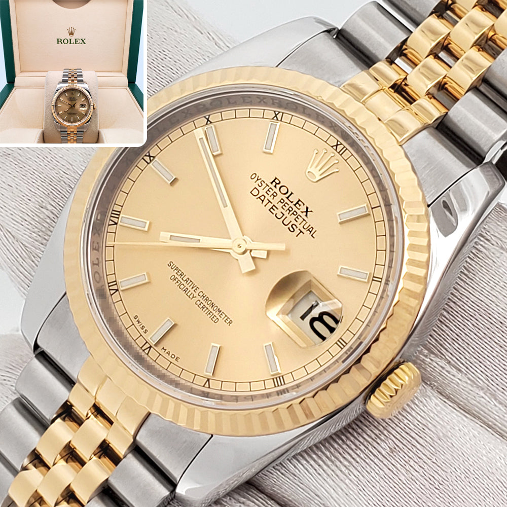 Rolex Datejust 36mm 2-Tone Yellow Gold/Steel Champagne Index Dial Watch 116233