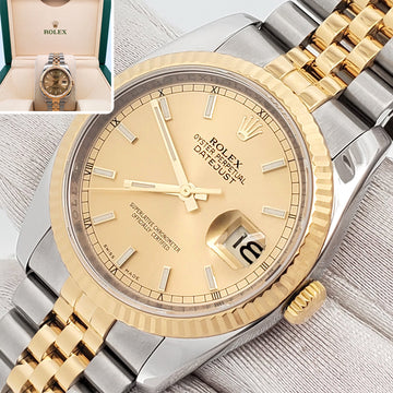 Rolex Datejust 36mm 2-Tone Yellow Gold/Steel Champagne Index Dial Watch 116233