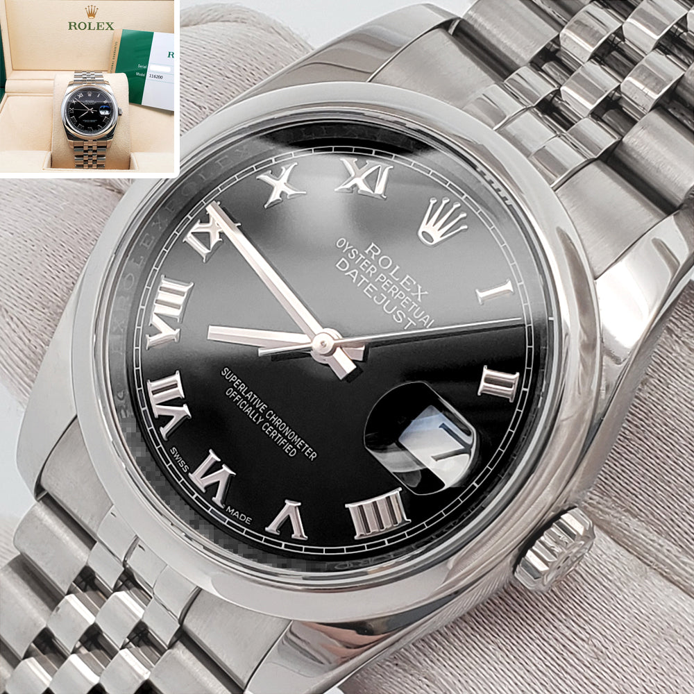 Rolex Datejust 36mm Black Roman Dial Steel Jubilee Watch 116200 Box Papers