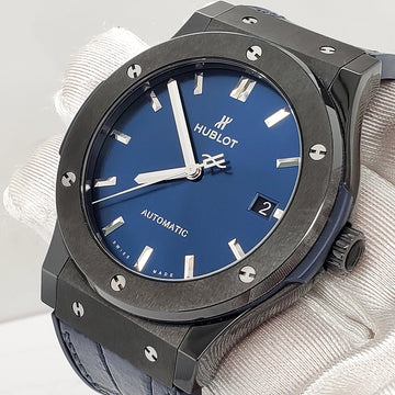 Hublot Classic Fusion 45mm Black Ceramic Blue Dial Watch 511.CM.7170.LR Box Papers