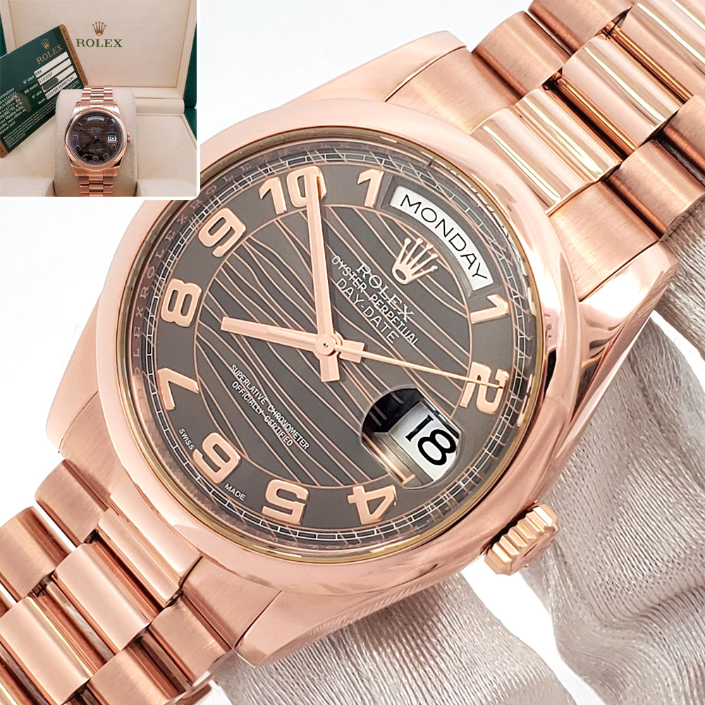 Rolex President Day-Date Chocolate Wave Arabic Dial Rose Gold 36mm Watch 118205 Box Papers