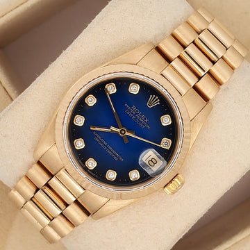 Rolex President Datejust 31mm 68278 Factory Blue Vignette Diamond Dial Yellow Gold Watch