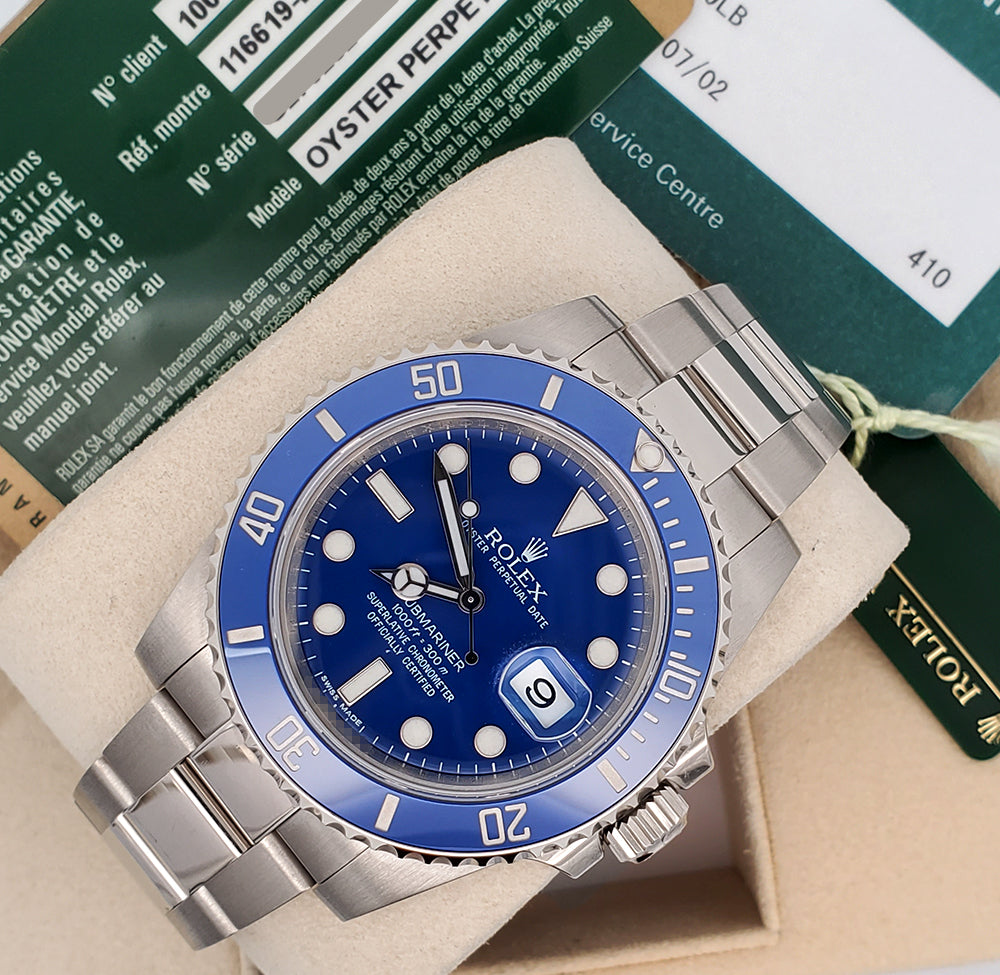 Rolex Submariner Smurf Date White Gold Ceramic Bezel Blue Dial 40mm Watch 116619 Box/Papers Serviced in 2020