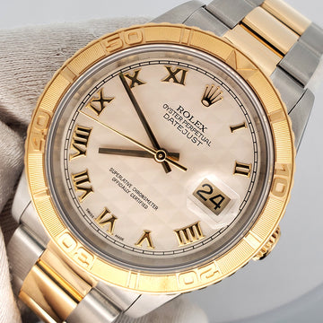 1996 Rolex Datejust Turnograph 36mm Two Tone Thunderbird Ivory Pyramid Roman Dial Watch 16263