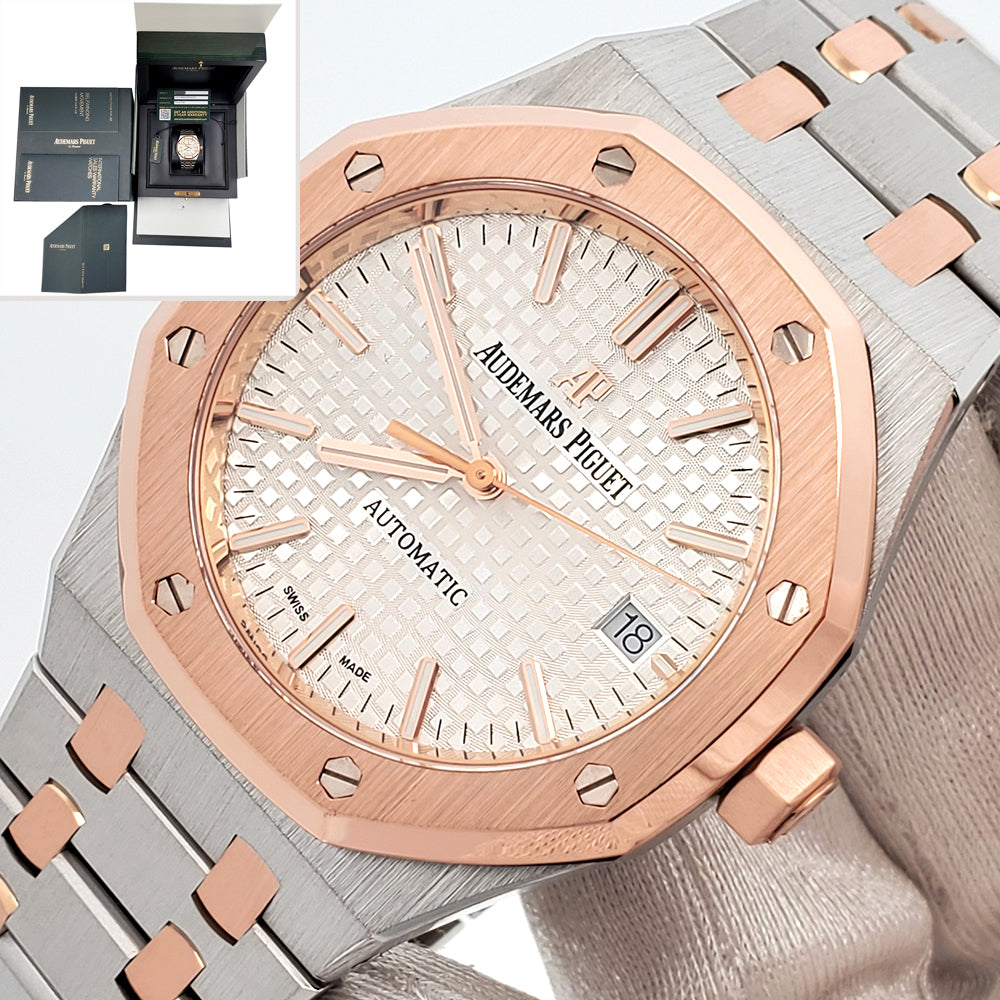 Audemars Piguet Royal Oak 37mm Silver Dial Two-Tone Rose Gold/Steel Watch 15450SR.OO.1256SR.01 Box Papers