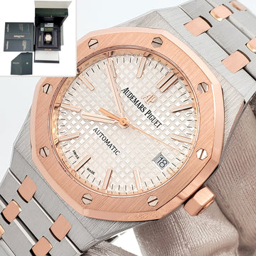 Audemars Piguet Royal Oak 37mm Silver Dial Two-Tone Rose Gold/Steel Watch 15450SR.OO.1256SR.01 Box Papers