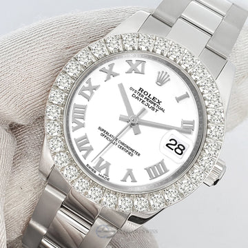 Rolex Datejust 178240 31mm White Roman Dial 2.25ct Diamond Bezel Steel Watch