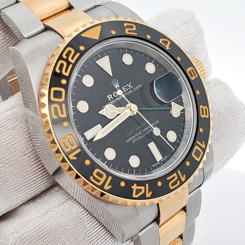 Rolex GMT-Master II 40mm Yellow Gold and Steel Black Ceramic Bezel Watch 116713LN Box Papers