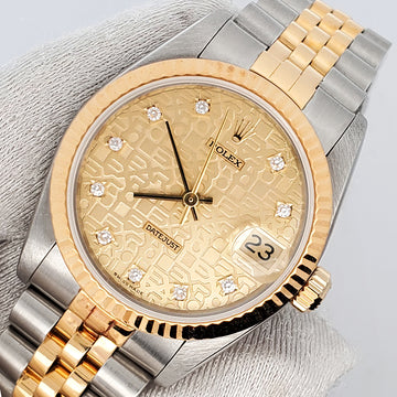 Rolex Datejust 31mm Factory Champagne Jubilee Diamond Dial Yellow Gold Fluted Bezel Watch 68273 Box Papers
