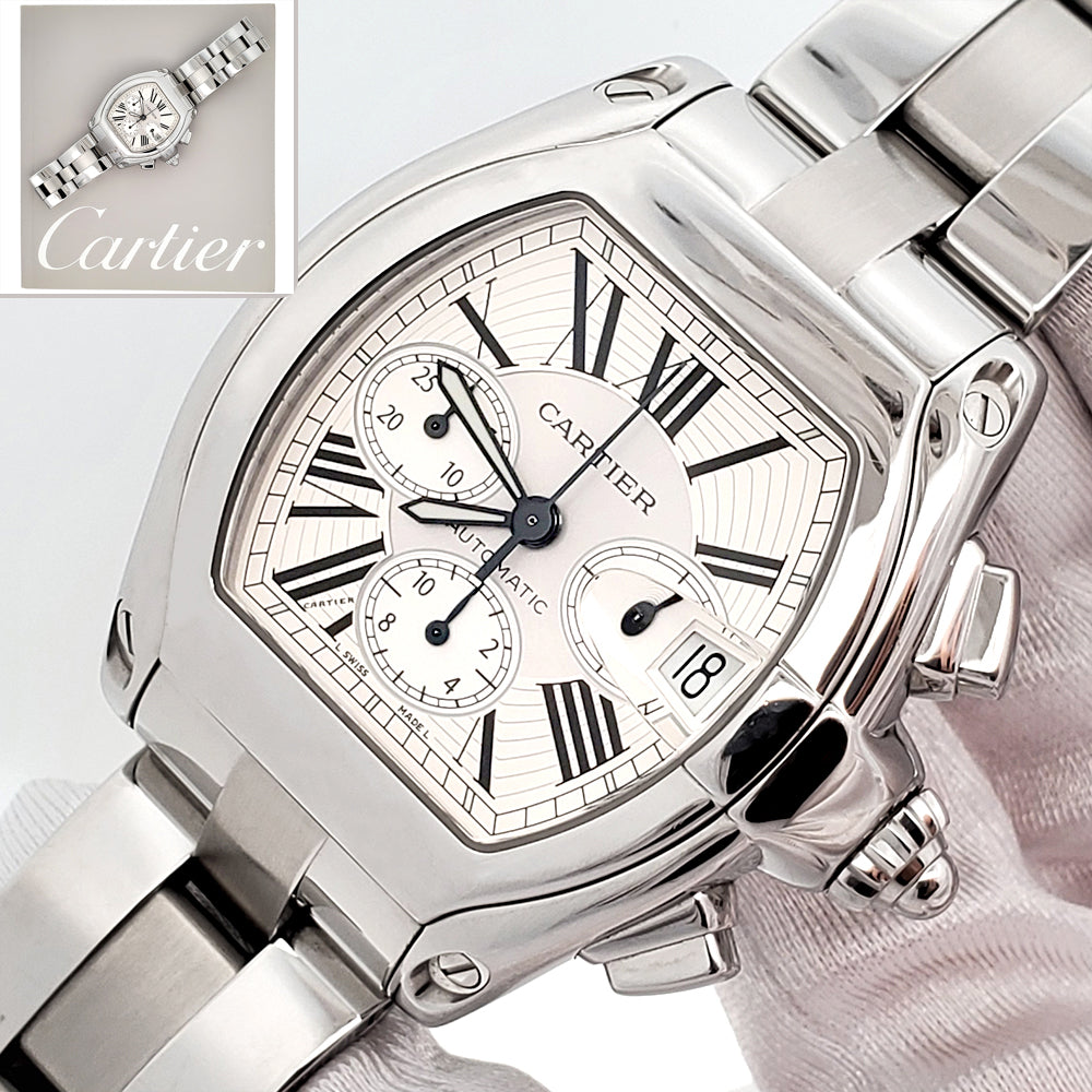 Cartier Roadster XL Chronograph 43mm Silver Roman Steel Watch W62019X6 2618 Papers