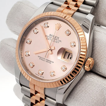 Rolex Datejust 36mm Factory Pink Diamond Dial 2-Tone Rose Gold/Steel Jubilee Watch Box Papers 116231