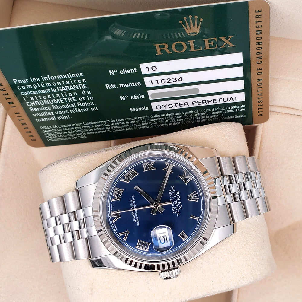 Rolex Datejust 36mm Blue Roman White Gold Fluted Bezel Steel Jubilee Watch 116234 Box Papers