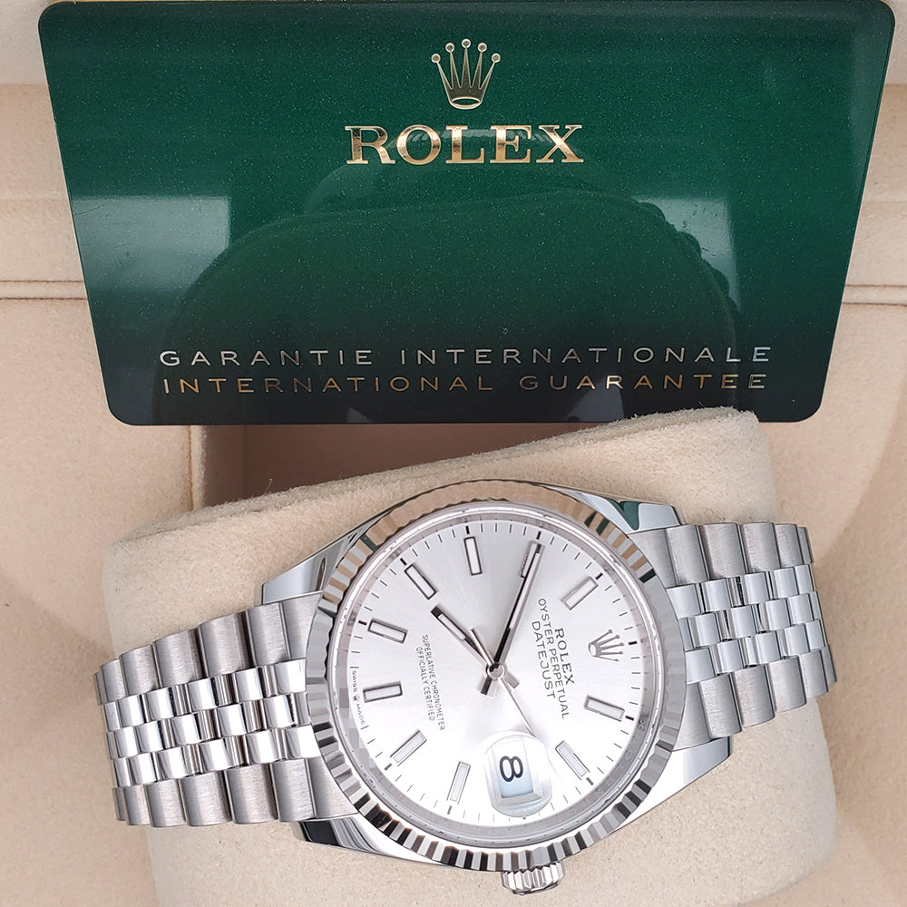 2024 Unworn Rolex Datejust 36mm 126234 Silver Index Fluted White Gold/Steel Jubilee Watch Box Papers