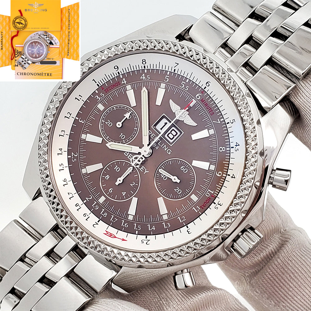 Breitling Bentley 6.75 Chronograph 49mm Brown Index Dial Big Date Steel Watch A44362 Papers