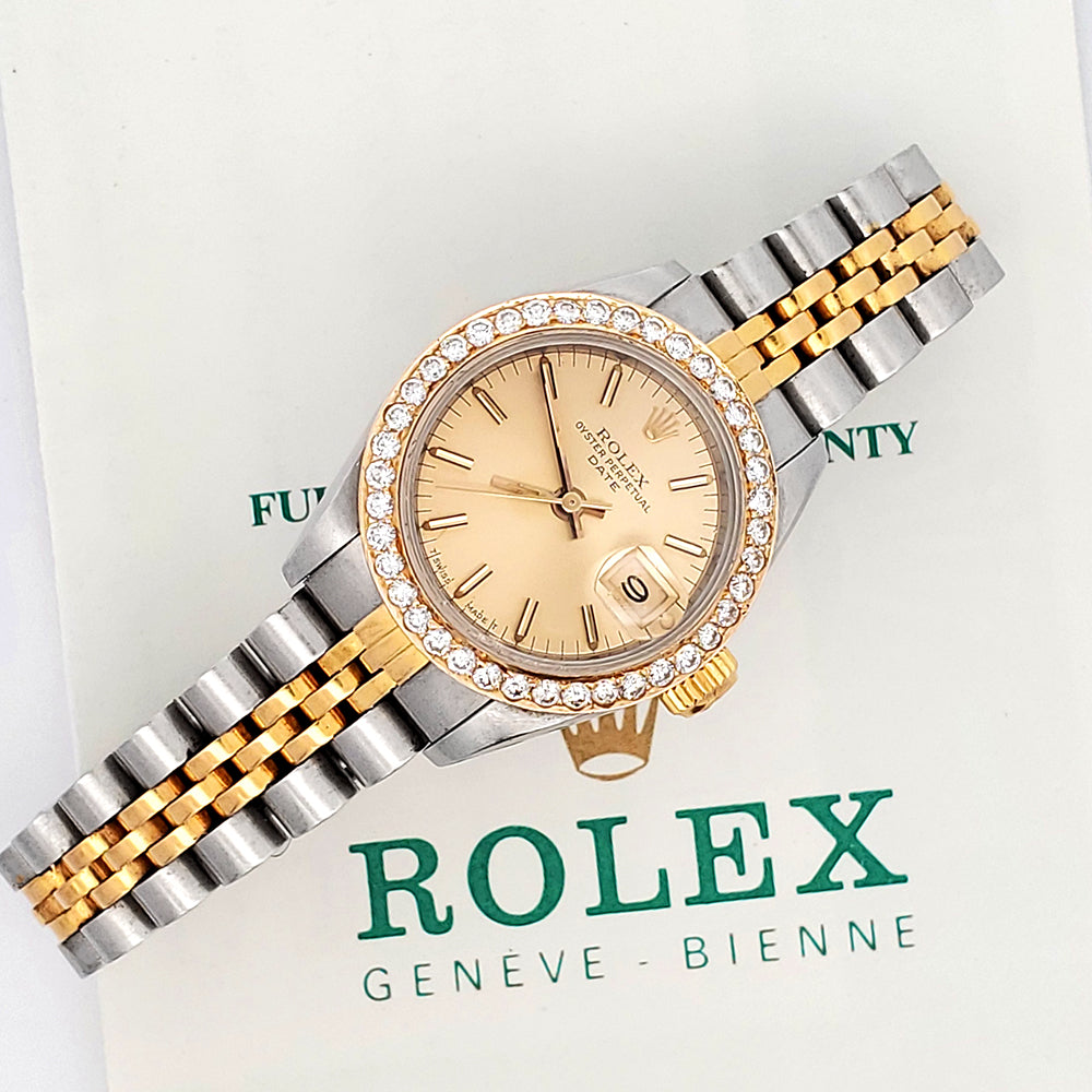 Rolex Datejust 26mm 69173 Champagne Index/Custom Diamond Bezel 2-Tone Jubilee Watch