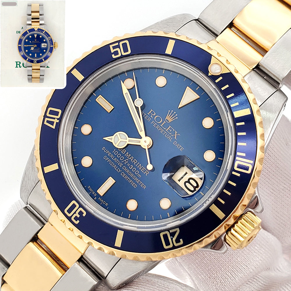 1990 Rolex Submariner Date 40mm Blue Dial/Bezel 2-Tone Yellow Gold/Steel Watch 16613 Papers