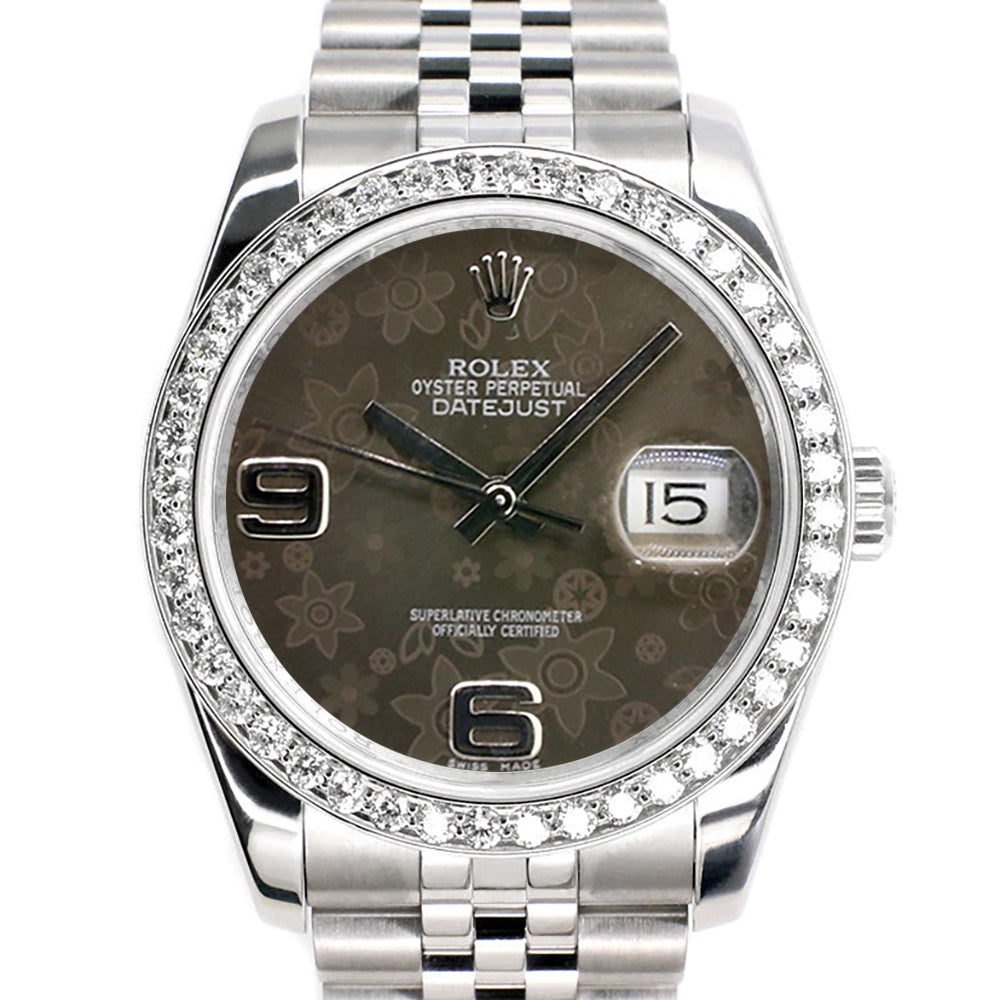 Rolex Datejust 36mm Rhodium Floral Dial Steel Jubilee Watch with 2ct Custom Diamond Bezel 116200