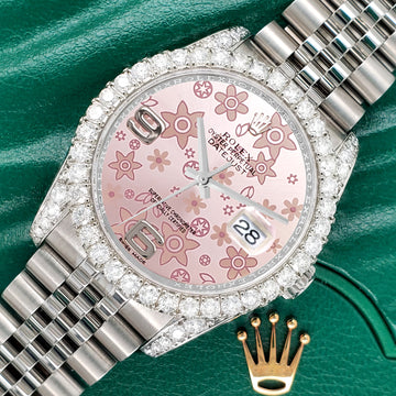 Rolex Datejust 116200 36mm 3.9CT Diamond Bezel/Lugs/Pink Floral Dial Steel Watch
