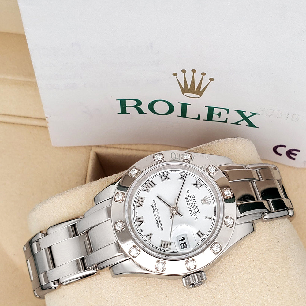 Rolex Lady Datejust Pearlmaster 29mm 12 Diamond Bezel White Gold Watch 80319 Box Papers