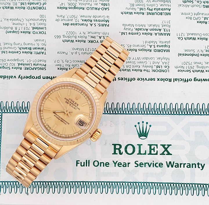 Rolex President Ladies 26mm Champagne Index Yellow Gold Watch 69178 Service Papers