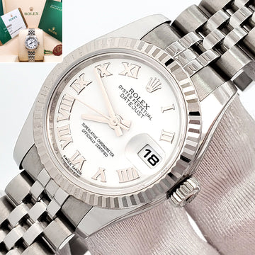Rolex Datejust 26mm White Roman White Gold Fluted Bezel Steel Jubilee Watch 179174 Box/Papers/Tag