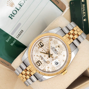 Rolex Datejust 2-Tone 36mm Silver Floral Yellow gold/Steel Jubilee Watch 116233 Box Papers